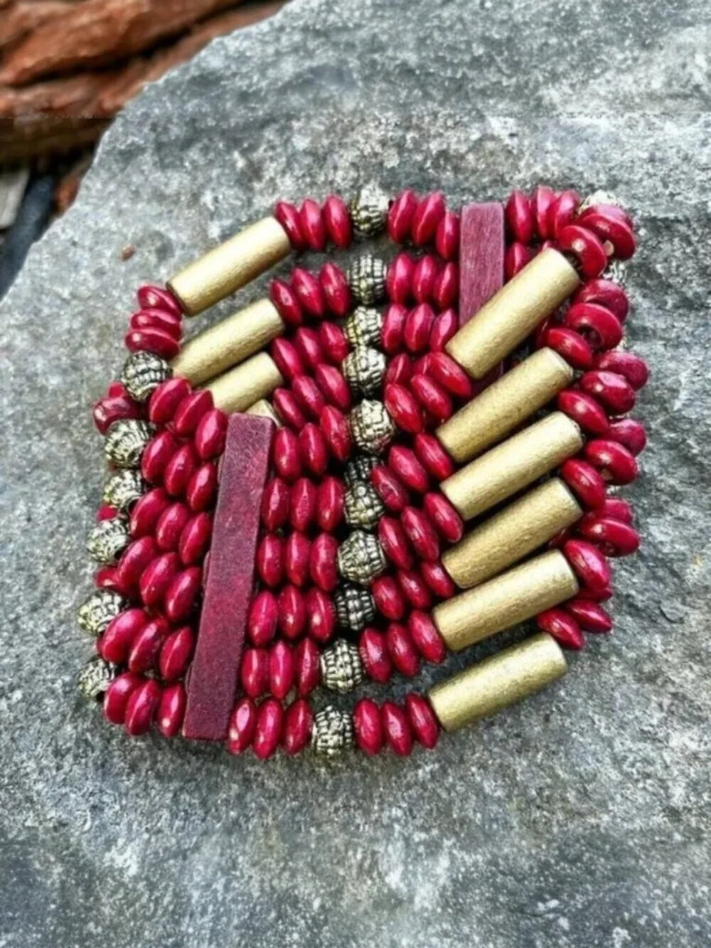 Red Wood Bead Stretch Stack Bracelet